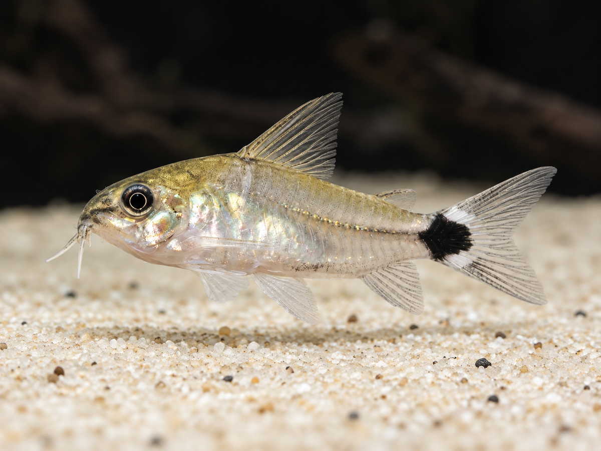 Zwergpanzerwels Corydoras hastatus über hellem Sand – KI-generierte Artillustration