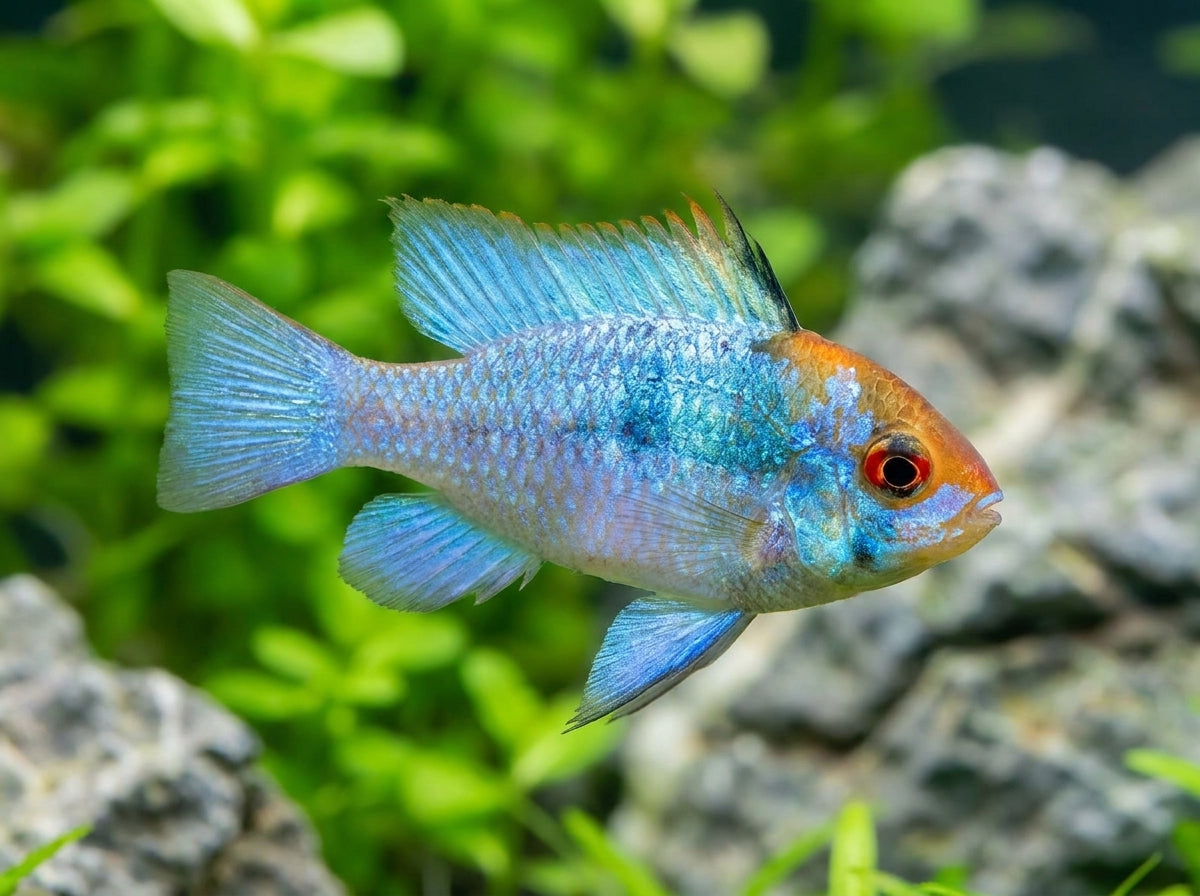 Schmetterlingsbuntbarsch Blau (Mikrogeophagus ramirezi "Electric Blue") von Finn & Reef
