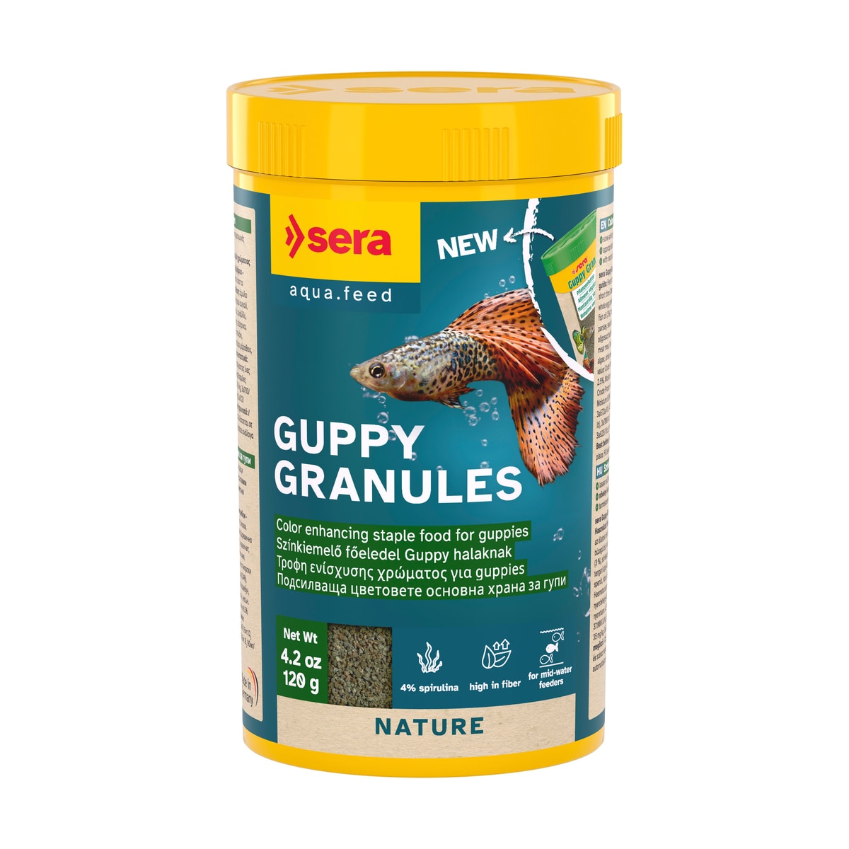 sera Guppy Gran Nature – Natürliches Veggie-Granulat für Guppys & Lebendgebärende – 100ml / 44g - square product image - sera-guppy-granule-nature-100-square-01.jpeg